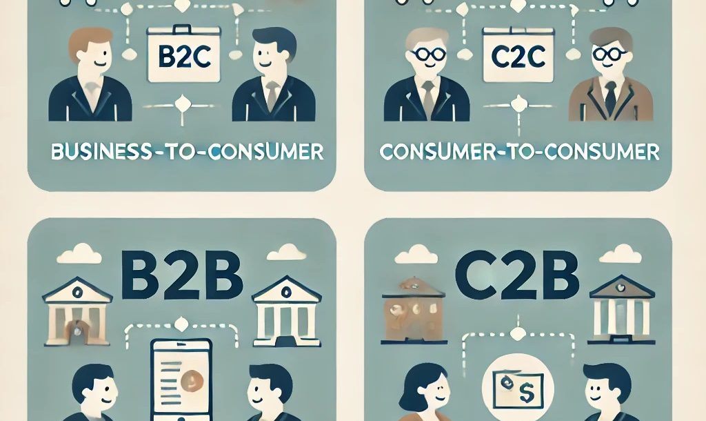 four e-commerce types: B2C (shopping cart), C2C (people exchanging goods), B2B (connected buildings), and C2B (person offering service to business). 电子商务
